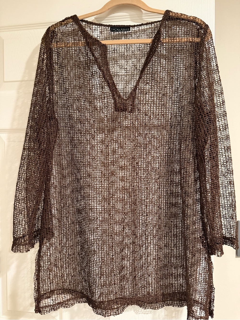 La Blanca by Rod Beattie Brown Sequin Mesh Beach Cover Up Tunic L Boho Resort